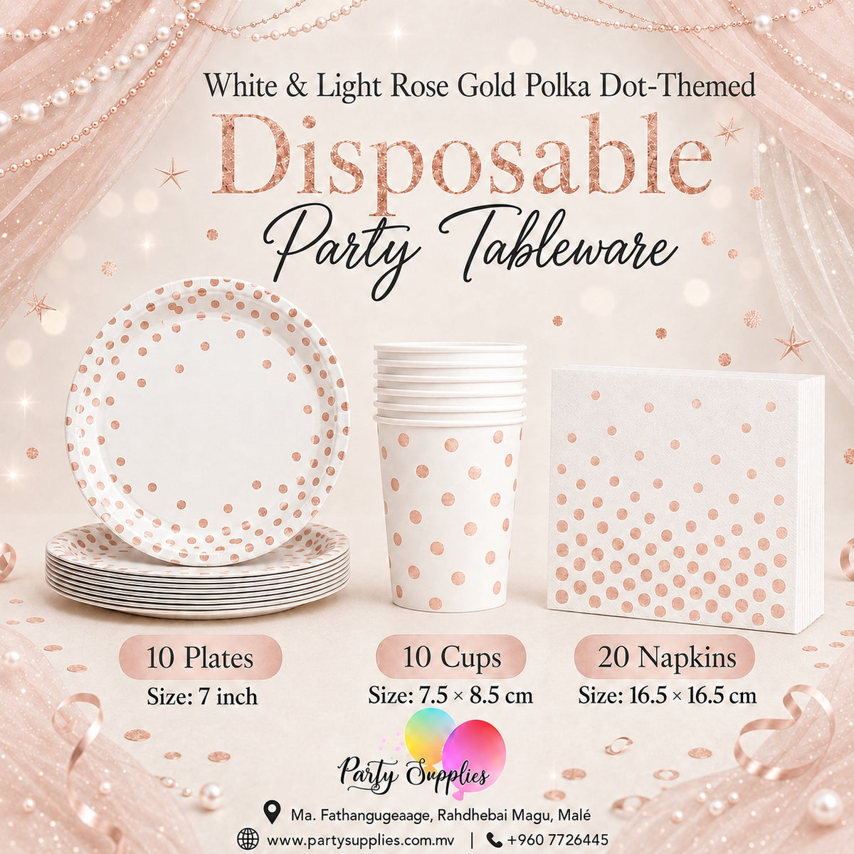 White & Light Rose Gold Polka Dot-Themed Dinnerware Set