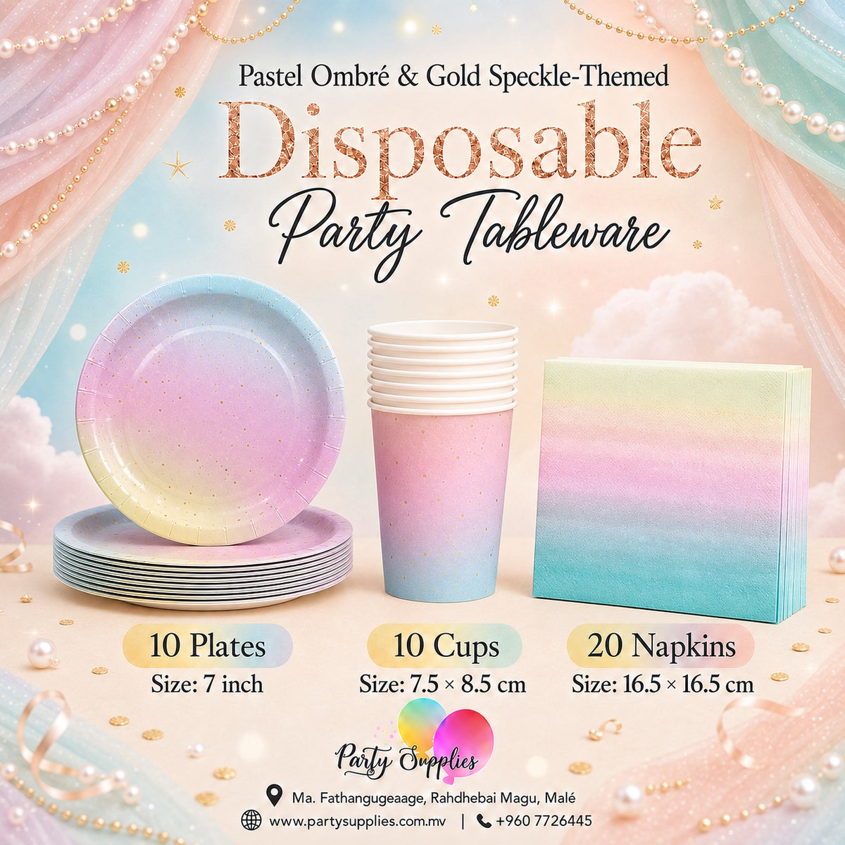 Pastel Ombré & Gold Speckle-Themed Disposable Party Tableware Set!