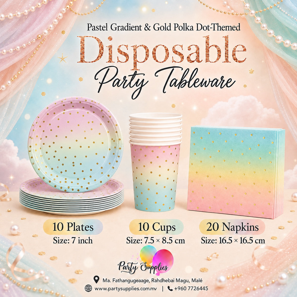 Pastel Gradient &Gold Polka Dot-Themed Disposable Party Tableware Set