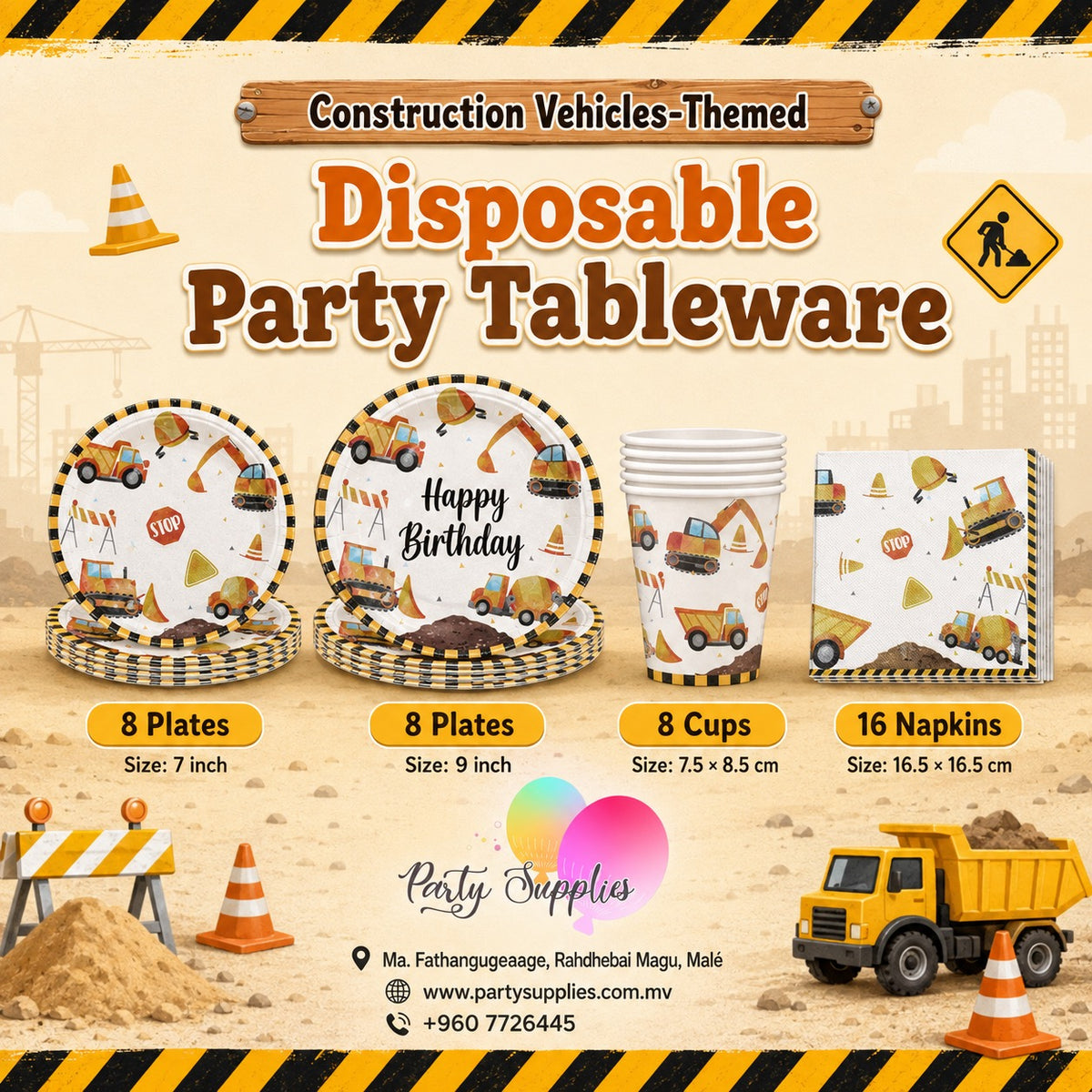 Construction Engineering Theme Dinnerware Plates, Cups, Napkins