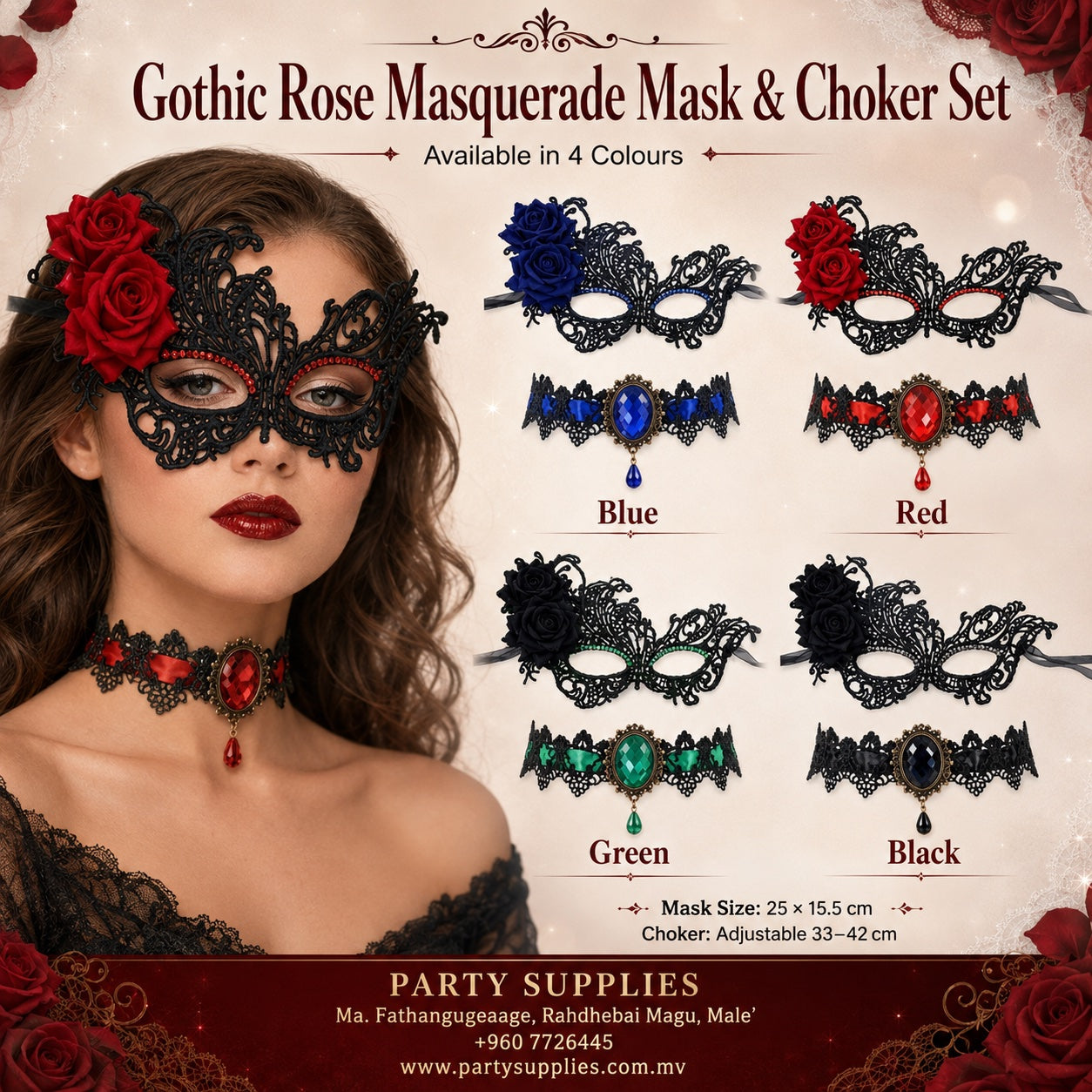 2pcs Gothic Rose Masquerade Mask &amp; Choker Set