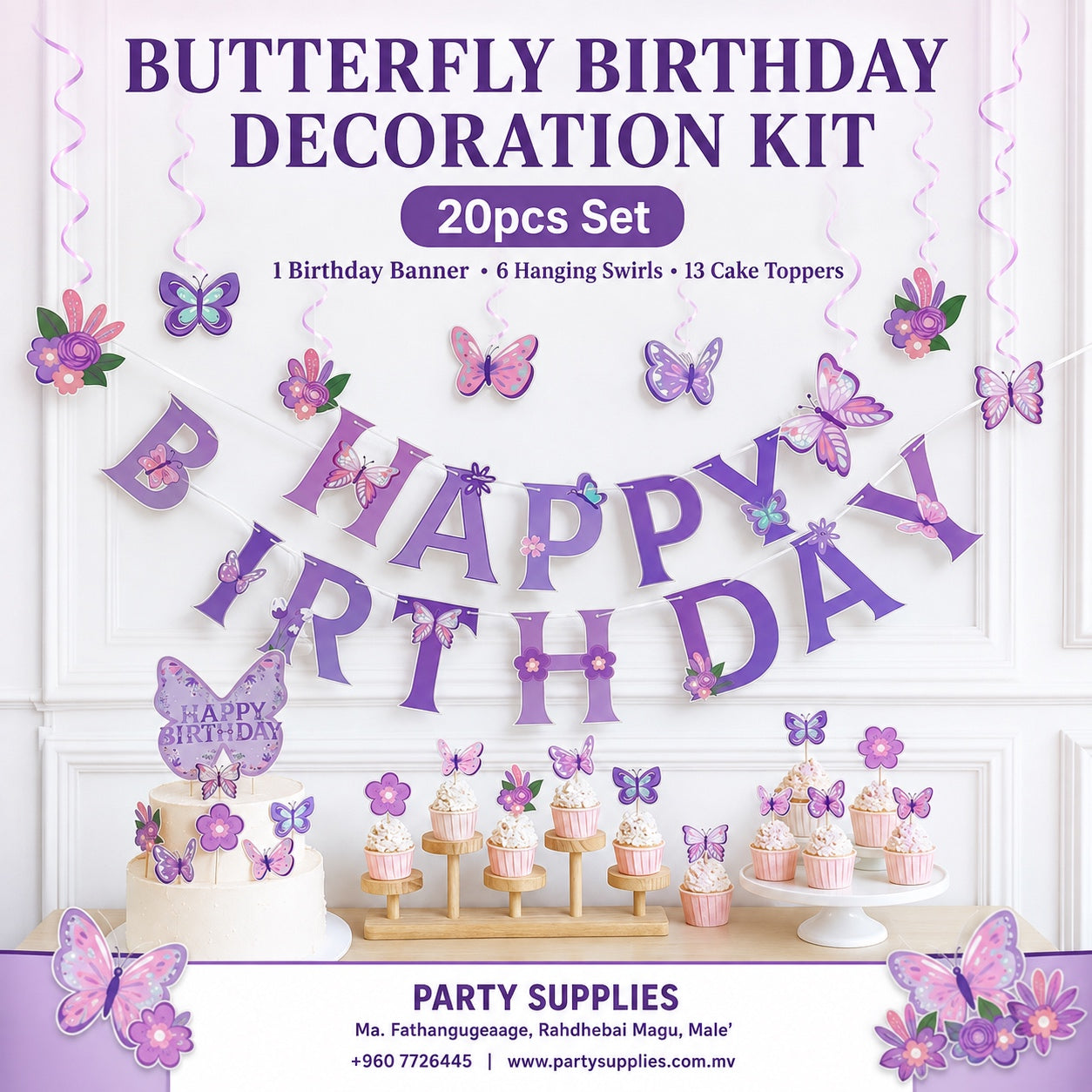 20pcs Purple Butterfly Theme Banner Decoration Set