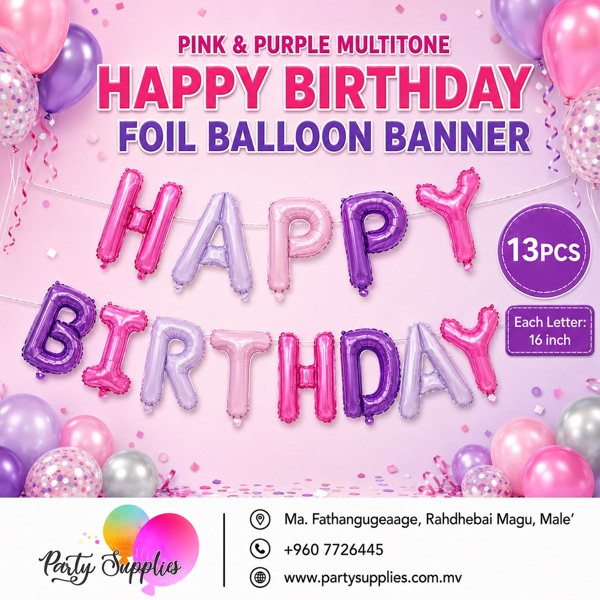 16inch Pink and Purple Multitone Happy Birthday Foil Banner