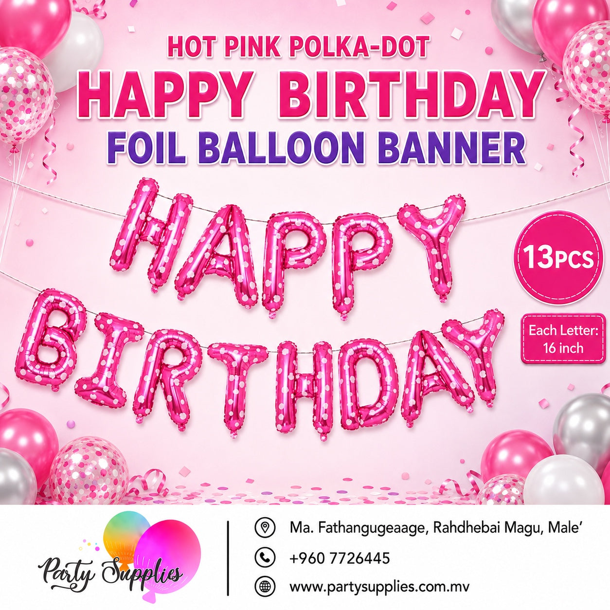 16inch Hot Pink with Hearts Happy Birthday Foil Banner