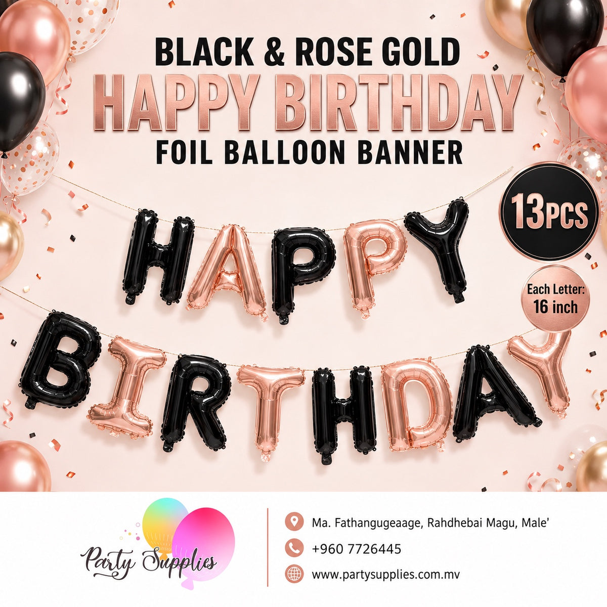 16inch Black & Rose Gold Happy Birthday Foil Banner