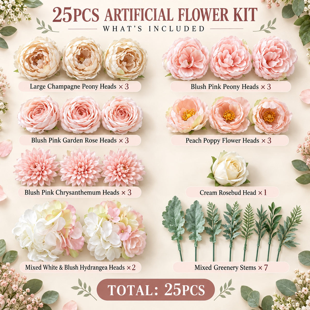 25pcs Pink & Champagne Artificial Flower Arrangement Kit