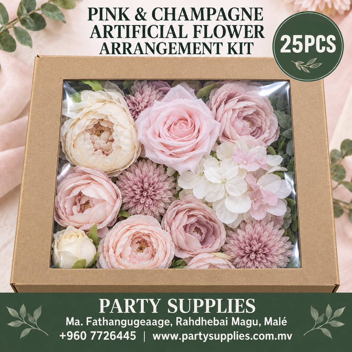 25pcs Pink & Champagne Artificial Flower Arrangement Kit