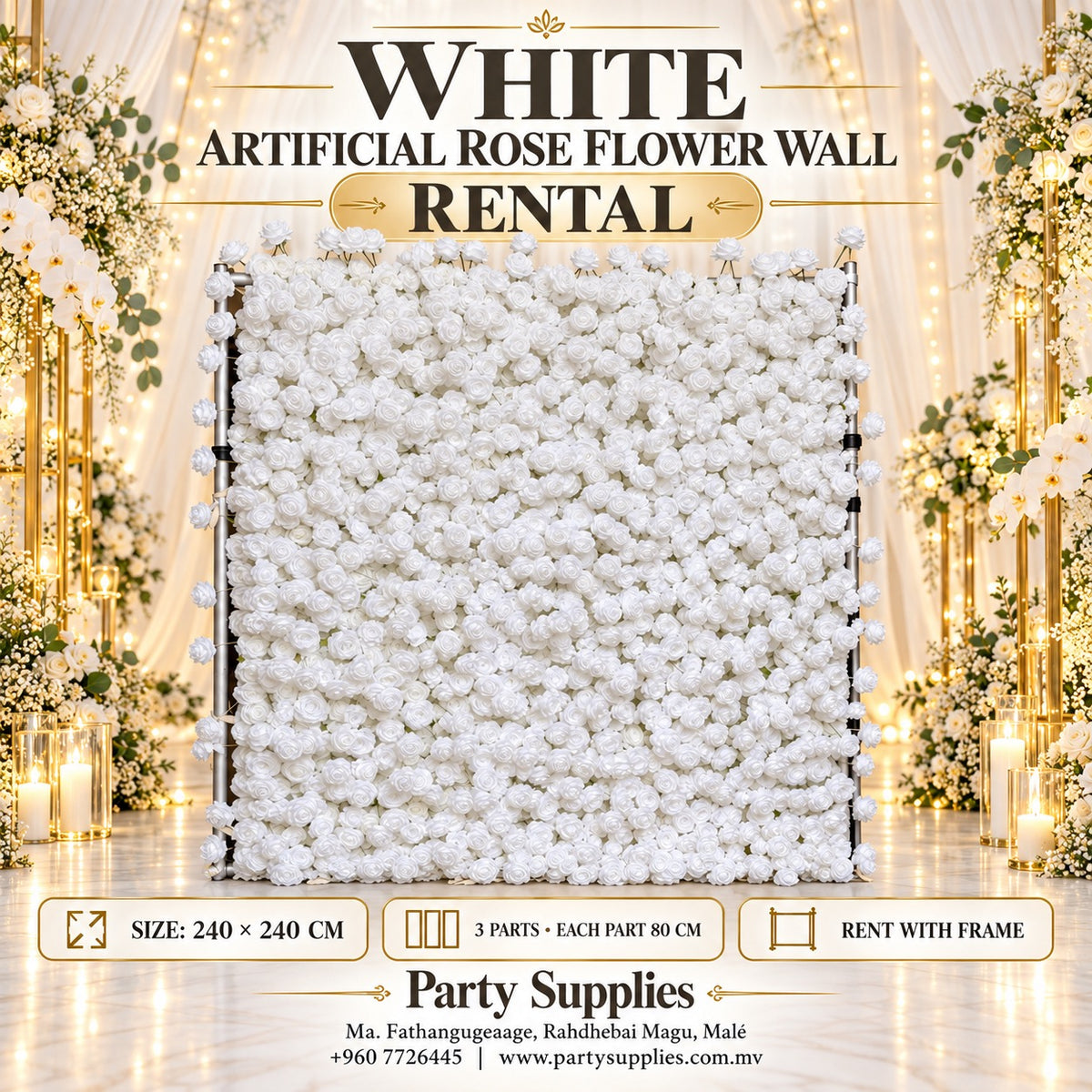 White Artificial Rose Flower Wall for Rent