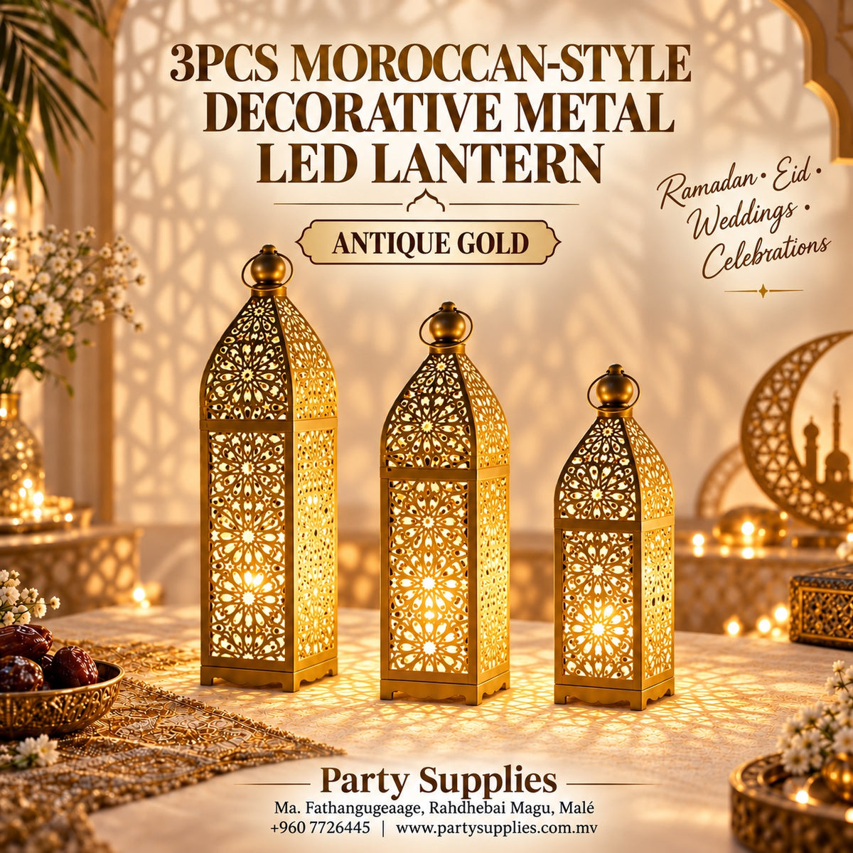 3pcs Antique Gold Moroccan Style Decoration Metal Led Lantern