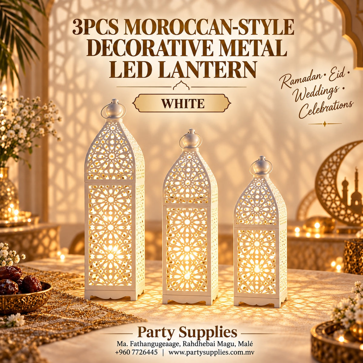 3pcs White Moroccan Style Decoration Metal Led Lantern