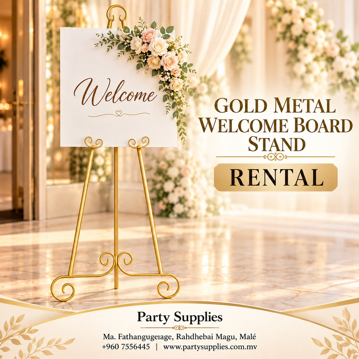 Gold Metal Welcome Board Stand – Rental