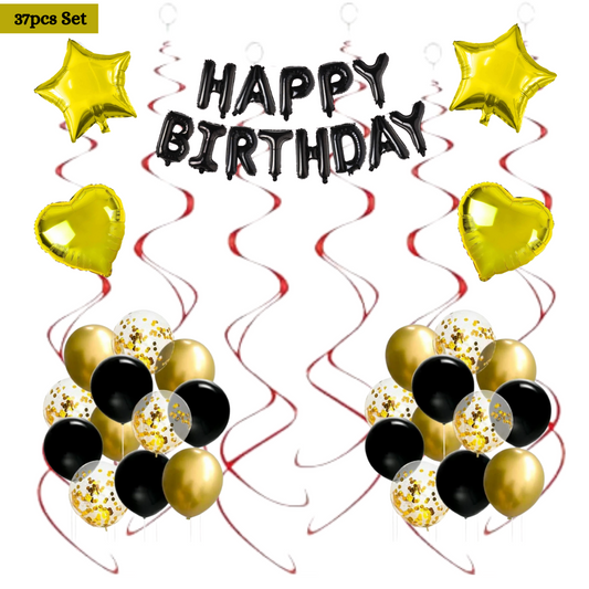 37pcs Birthday Decorations Black and Gold Set with Swirls, Foil hearts and Stars